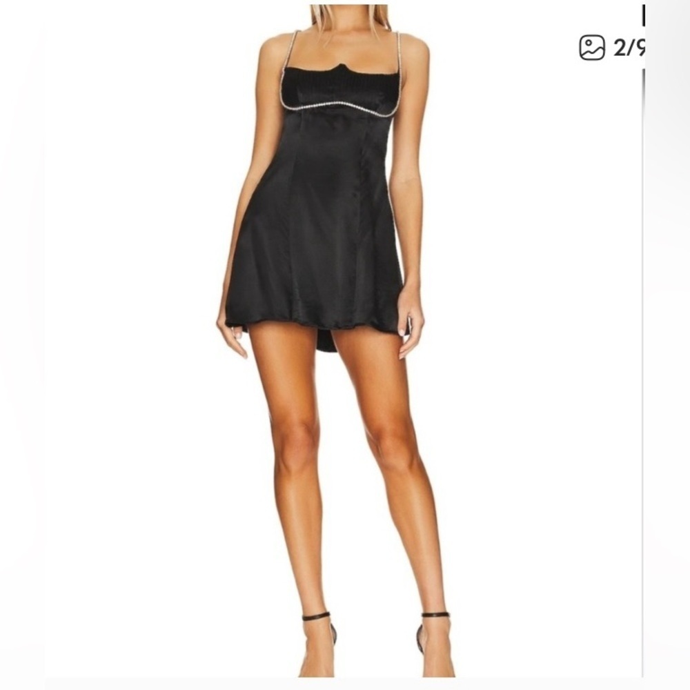 For Love & Lemons Elora black satin mini dress with rhinestone straps. NWT Small - Picture 3 of 9